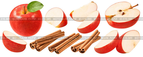 Red apples slices and cinnamon set isolated on white background. Стоковое фото, фотограф Катерина Ковалева / Фотобанк Лори