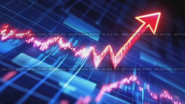 Red arrow rising on digital bar chart with blurred blue bokeh lights in background. Concept of economic growth, finance, analytics, success and positive trend in data statistics. Copy space. Banner. Стоковое AI-видео, аниматор Евгений Демидюк / Фотобанк Лори