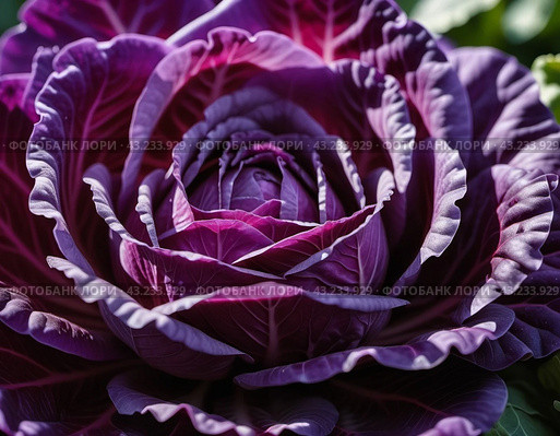 Red cabbage is a vegetable crop with red-violet leaf color and a common food product. Vegetable is used for fresh consumption in salads, for pickling, cultivated cabbage species. Generated AI. Стоковое AI-изображение, AI-художник Юлия Петровская / Фотобанк Лори