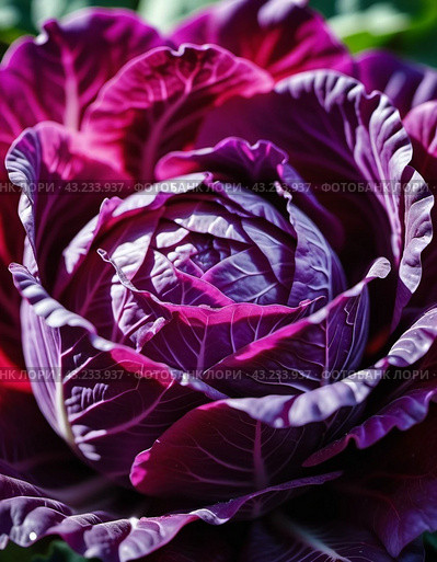 Red cabbage is a vegetable crop with red-violet leaf color and a common food product. Vegetable is used for fresh consumption in salads, for pickling, cultivated cabbage species. Generated AI. Стоковое AI-изображение, AI-художник Юлия Петровская / Фотобанк Лори
