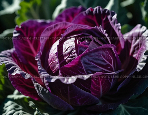Red cabbage is a vegetable crop with red-violet leaf color and a common food product. Vegetable is used for fresh consumption in salads, for pickling, cultivated cabbage species. Generated AI. Стоковое AI-изображение, AI-художник Юлия Петровская / Фотобанк Лори