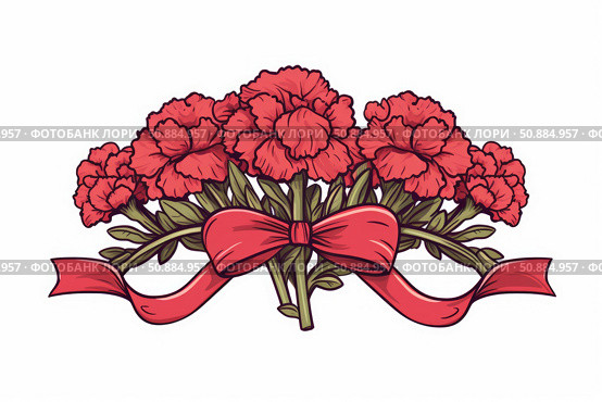 Red carnations bouquet tied with a ribbon celebrating victory day. Стоковое AI-изображение, AI-художник Иван Рябоконь / Фотобанк Лори