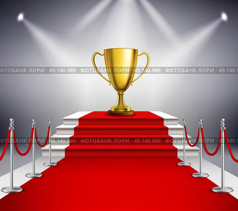 Red Carpet With Trophy. Golden trophy on white stairs covered with red carpet and illuminated by spotlight realistic vector illustration. Стоковая иллюстрация, агентство Ingram Publishing / Фотобанк Лори