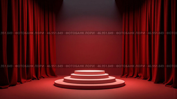 Red carpeted stage with glowing spotlight luxurious theater curtains vibrant red backdrop perfect for presentation or product placement creative performance space high-resolution photography. Стоковое фото, фотограф Павел Муравьев / Фотобанк Лори