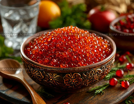 Red caviar in a wooden bowl. A beautiful and original appetizer for a festive table. Enjoy your meal! Стоковое AI-изображение, AI-художник Сергей Елизарьев / Фотобанк Лори
