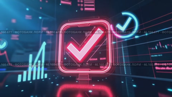 Red check mark is lit up in a blue background. Стоковое AI-видео, аниматор Sergey Grishin / Фотобанк Лори
