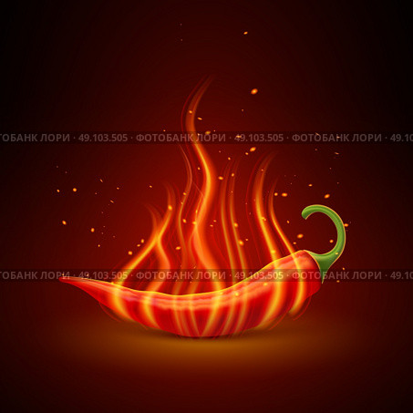 Red Chili Pepper Realistic Single Object . Flaming red chili pepper pod glowing in darkness hot dishes symbol single object poster realistic vector illustration . Стоковая иллюстрация, агентство Ingram Publishing / Фотобанк Лори