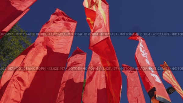 Red flags for Victory Day on a blue sky background (2024 год). Стоковое видео, видеограф Ярославский Максим / Фотобанк Лори
