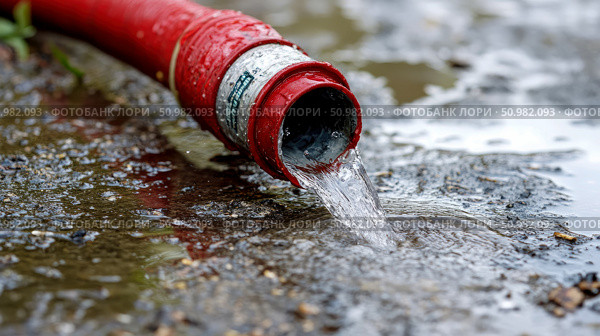 Red Hose Pouring Water onto Ground, Close-up Detail. Стоковое AI-изображение, AI-художник Данила Большаков / Фотобанк Лори