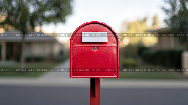 Red mailbox standing on suburban street ready to receive mail. Стоковое AI-изображение, AI-художник Катерина Бондарец / Фотобанк Лори