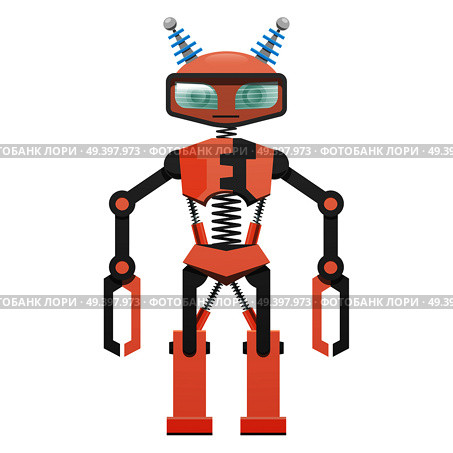 Red robot with pincer hands and two horns art icon on white background. Metal head, black and red body, powerful legs fastened by black spring. Protective screen in front of eyes vector illustration.. Red Robot with Pincer Hands and Two Horns Art Icon. Стоковая иллюстрация, агентство Ingram Publishing / Фотобанк Лори