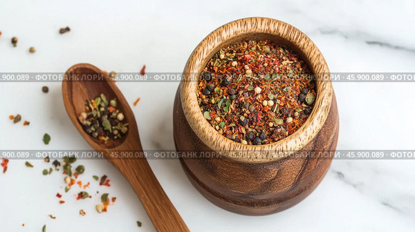 Редкая и экзотическая смесь специй в деревянной миске с ложкой для кулинарной подписки. Стоковое AI-изображение, AI-художник ФотоИнтеллект / Фотобанк Лори