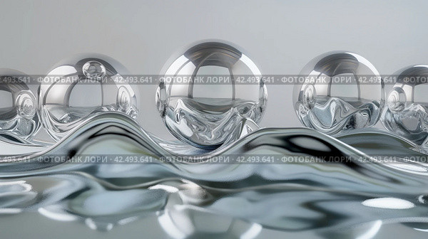 Reflective Spheres Balancing on Fluid Surface. Стоковое AI-изображение, AI-художник Кирилл Черезов / Фотобанк Лори
