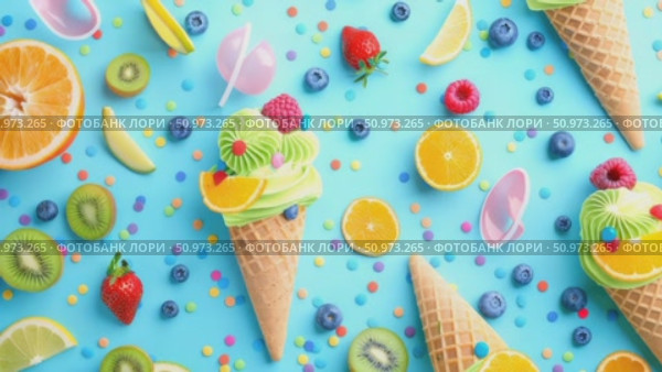 Refreshing dessert arrangement with brightly colored soft serve treats, scattered fresh fruit, and joyful confetti on a cheerful aqua plane. Стоковое AI-видео, аниматор Данила Большаков / Фотобанк Лори