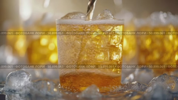 Refreshing golden beverage streams into a chilled glass filled with sparkling ice and effervescent bubbles on a glistening wet surface. Стоковое AI-видео, аниматор Данила Большаков / Фотобанк Лори