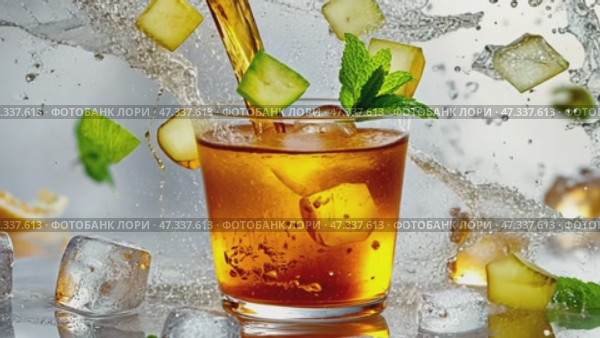 Refreshing ice tea with cucumber and mint splashing into glass. Стоковое AI-видео, аниматор Юрий Поздников / Фотобанк Лори