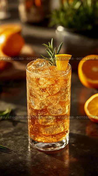 Refreshing Orange Drink: Citrus cocktail with rosemary garnish for happy hour, leisure time, or festive gathering. Стоковое AI-изображение, AI-художник Данила Большаков / Фотобанк Лори