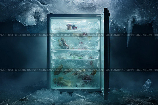 Refrigerator preserving food in icy cave, power outage survival concept. Стоковое AI-изображение, AI-художник Иван Рябоконь / Фотобанк Лори