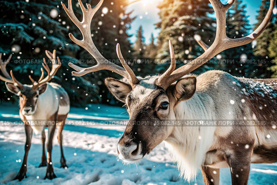 Reindeer graze against the background of a winter tundra landscape. Snow is falling. Snowstorm. Стоковое AI-изображение, AI-художник Photojuli / Фотобанк Лори