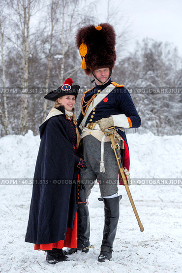 Реконструкция 1812г. Наполеоновских и русских зимних маневров. Московская область, Апрелевка, (2018 год) Редакционное фото, фотограф Андрей Дегтярёв / Фотобанк Лори