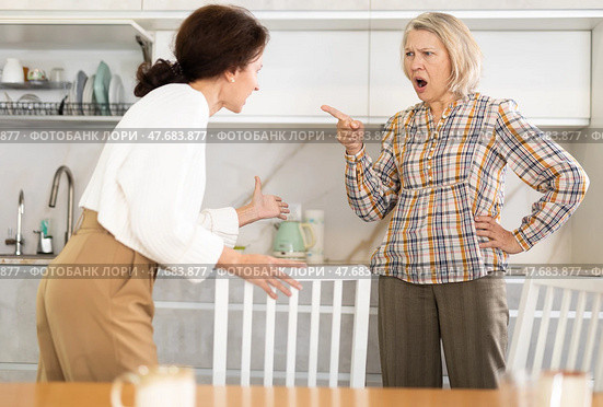Relatives quarrel in the kitchen - adult daughter quarrels with an elderly mother. Стоковое фото, фотограф Яков Филимонов / Фотобанк Лори