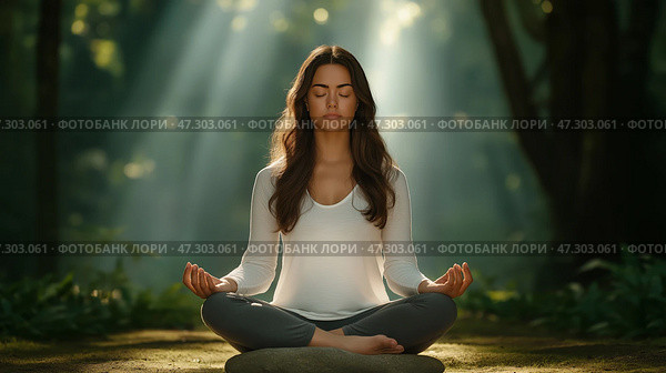 Relaxation and mindfulness practice in a tranquil forest setting. Женщина сидит со скрещенными ногами на камне в безмятежном лесу, занимаясь медитацией. Стоковое AI-изображение, AI-художник Katsiaryna Repich / Фотобанк Лори