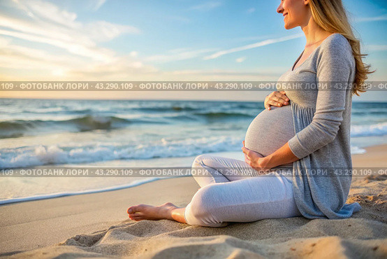 Relaxation, peace of mind, sea air. Close-up of the tummy. A pregnant woman on the beach by the sea. The concept of pregnancy, childbirth and parental responsibilities. Стоковое AI-изображение, AI-художник Photojuli / Фотобанк Лори