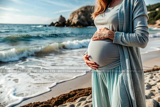 Relaxation, peace of mind, sea air. Close-up of the tummy. A pregnant woman on the beach by the sea. The concept of pregnancy, childbirth and parental responsibilities. Стоковое AI-изображение, AI-художник Photojuli / Фотобанк Лори