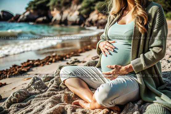 Relaxation, peace of mind, sea air. Close-up of the tummy. A pregnant woman on the beach by the sea. The concept of pregnancy, childbirth and parental responsibilities. Стоковое AI-изображение, AI-художник Photojuli / Фотобанк Лори