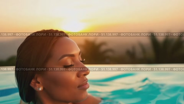 Relaxing by an infinity pool, a woman enjoys the breathtaking sunset over the mountains. Стоковое AI-видео, аниматор Данила Большаков / Фотобанк Лори