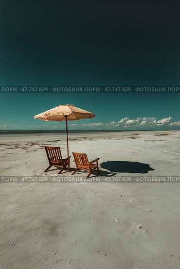 Relaxing Chairs Under a Sunshade on a Serene Beach Landscape With Clear Sky. Стоковое AI-изображение, AI-художник Юлия Гапеенко / Фотобанк Лори