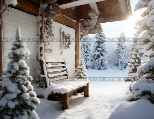 Relaxing on a winter day in a village house. Winter landscape. Стоковое AI-изображение, AI-художник Сергей Елизарьев / Фотобанк Лори