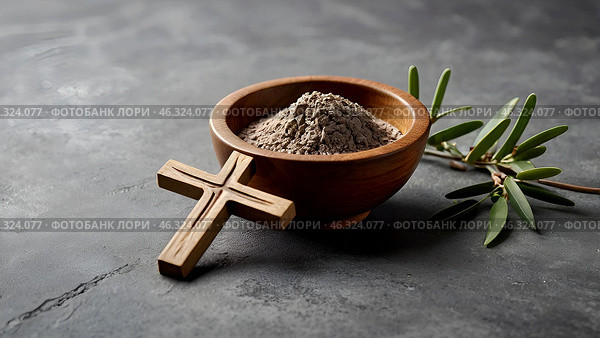 Religion, faith, liturgy, Ash Wednesday. Great lent. A wooden cross, a ceremonial bowl made of ash and an olive branch on a gray background. Стоковое AI-изображение, AI-художник Photojuli / Фотобанк Лори