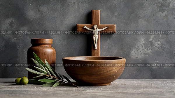 Religion, faith, liturgy, Ash Wednesday. Great lent. A wooden cross, a ceremonial bowl made of ash and an olive branch on a gray background. Стоковое AI-изображение, AI-художник Photojuli / Фотобанк Лори