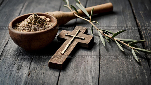 Religion, faith, liturgy, Ash Wednesday. Great lent. A wooden cross, a ceremonial bowl made of ash and an olive branch on a gray background. Стоковое AI-изображение, AI-художник Photojuli / Фотобанк Лори
