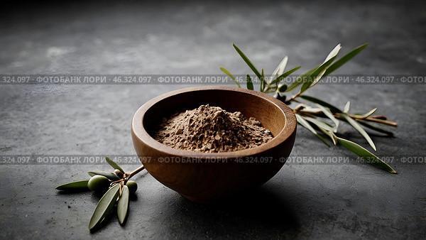 Religion, faith, liturgy, Ash Wednesday. Great lent. A wooden cross, a ceremonial bowl made of ash and an olive branch on a gray background. Стоковое AI-изображение, AI-художник Photojuli / Фотобанк Лори