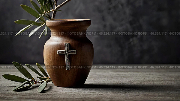 Religion, faith, liturgy, Ash Wednesday. Great lent. A wooden cross, a ceremonial bowl made of ash and an olive branch on a gray background. Стоковое AI-изображение, AI-художник Photojuli / Фотобанк Лори