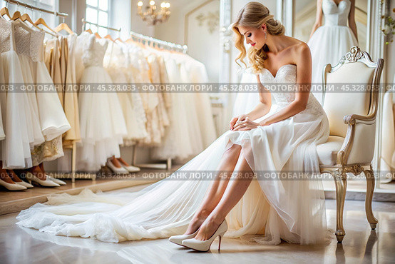 Rental and purchase of wedding dresses and shoes for events. Close-up. Elegant wedding shoes for the bride in a luxurious bridal salon store. Стоковое AI-изображение, AI-художник Photojuli / Фотобанк Лори