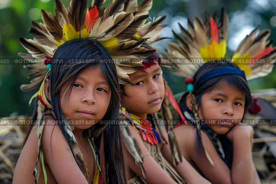 Resilient Amazonia tribe children. Generate Ai. Стоковое AI-изображение, AI-художник Иван Рябоконь / Фотобанк Лори