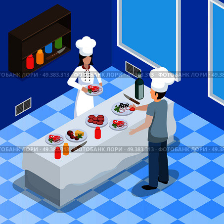 Restaurant kitchen facility interior isometric composition with lady chef in classic uniform preparing salmon dish vector illustration. Commercial Kitchen Interior Isometric Composition . Стоковая иллюстрация, агентство Ingram Publishing / Фотобанк Лори