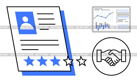 Resume with rating stars and profile picture, handshake symbolizing agreement, performance chart. Ideal for recruitment, employee evaluation, business agreements, job interviews, performance. HR professionals evaluating resumes and handshaking after successful candidate review, charts monitoring performance. Стоковая иллюстрация, агентство Ingram Publishing / Фотобанк Лори