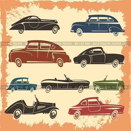 Retro Car Models Vintage Style Collection . Retro car models collection with vintage style autos on aged background abstract vector illustration. Стоковая иллюстрация, агентство Ingram Publishing / Фотобанк Лори