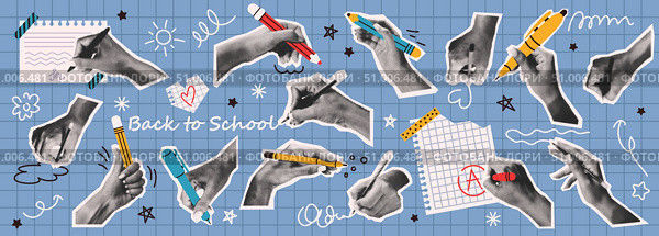 Retro collage of hands writing with pencils and pens. Стоковая иллюстрация, иллюстратор Андрей Апоев / Фотобанк Лори