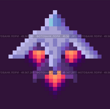 Retro spaceship, pixel art sign in 8 or 16 bit game in dark night sky. Vector starship in universe, pixel-art play and burning rocket ship on purple, pixelated cosmic object for mobile app games. Retro Spaceship, Pixel Art Game Rocket at Night. Стоковая иллюстрация, агентство Ingram Publishing / Фотобанк Лори