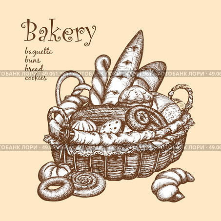 Retro style basket full of bakery stuff sketch vector illustration. Basket With Bakery. Стоковая иллюстрация, агентство Ingram Publishing / Фотобанк Лори