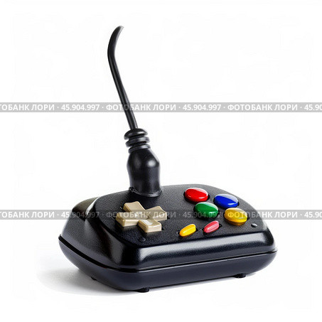 Retro video game controller with colorful buttons and wired connection on white background. Стоковое AI-изображение, AI-художник Иван Рябоконь / Фотобанк Лори