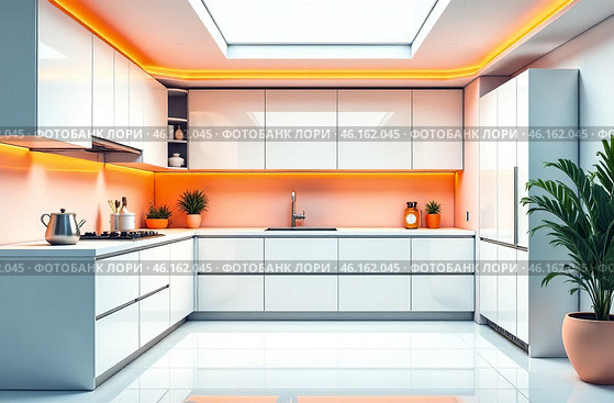 Retrofuturism interior of the building, free space kitchen. AI Generative. Стоковое AI-изображение, AI-художник Spirit River / Фотобанк Лори