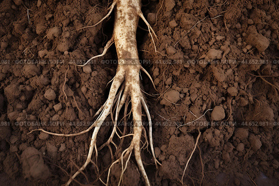Revealed plant roots in soil. Стоковое AI-изображение, AI-художник Иван Рябоконь / Фотобанк Лори