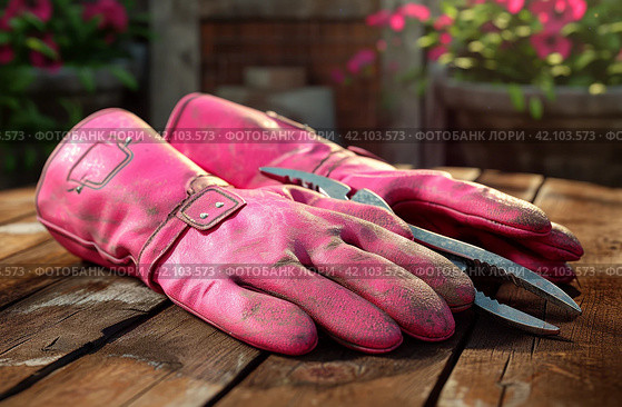 reversible pink gardening gloves and pliers on wooden table with wood background. Стоковое AI-изображение, AI-художник Юлия Гапеенко / Фотобанк Лори