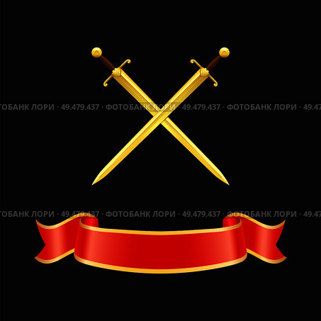 Ribbon waves banner and crossed swords with heavy handles. Epees made of gold and red stripe with yellow borders. Icons set closeup isolated on vector. Ribbon Waved Banner and Swords Vector Illustration. Стоковая иллюстрация, агентство Ingram Publishing / Фотобанк Лори